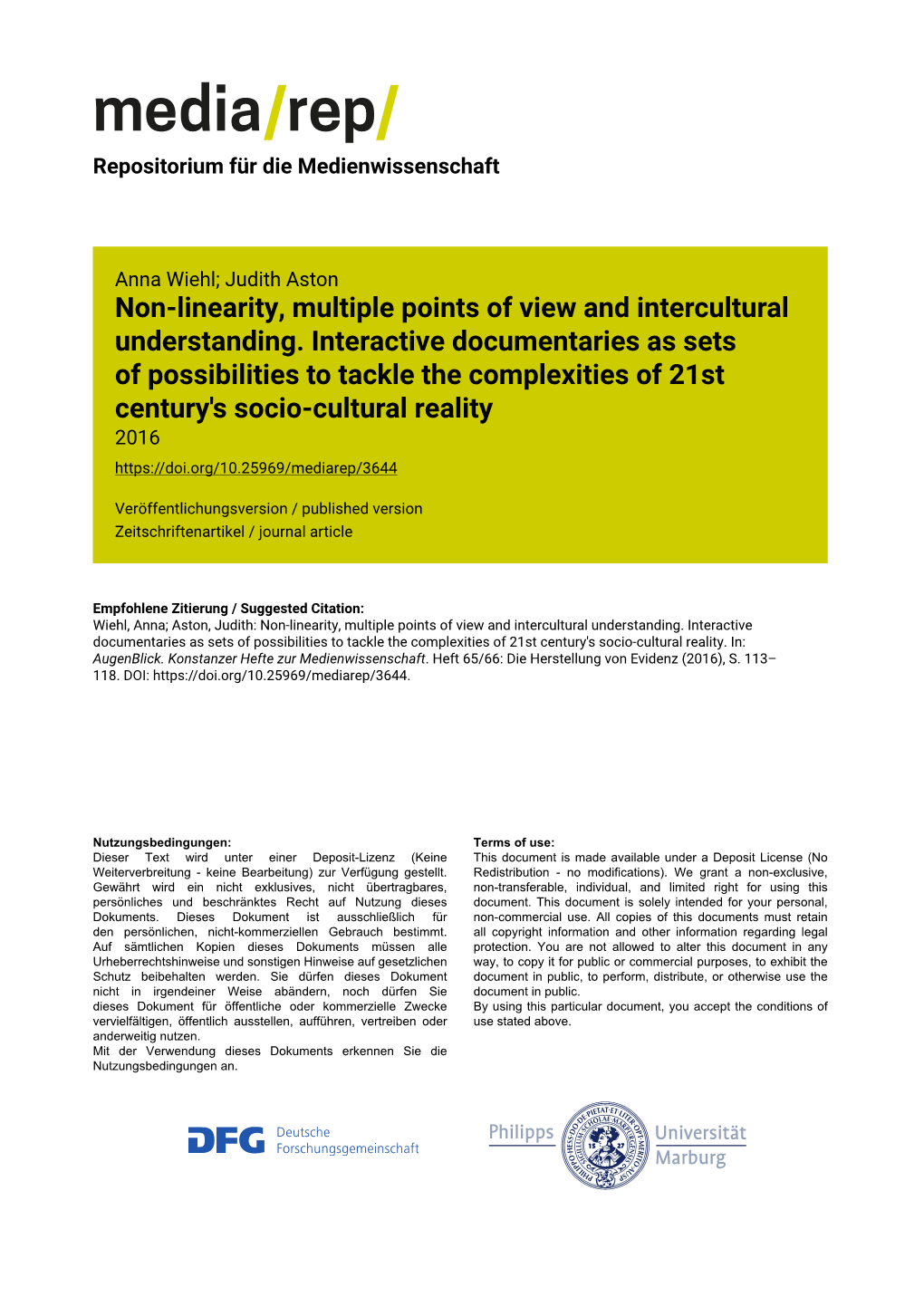 Non-Linearity, Multiple Points of View and Intercultural Understanding. Interactive Documentaries As Sets of Possibilities to Ta