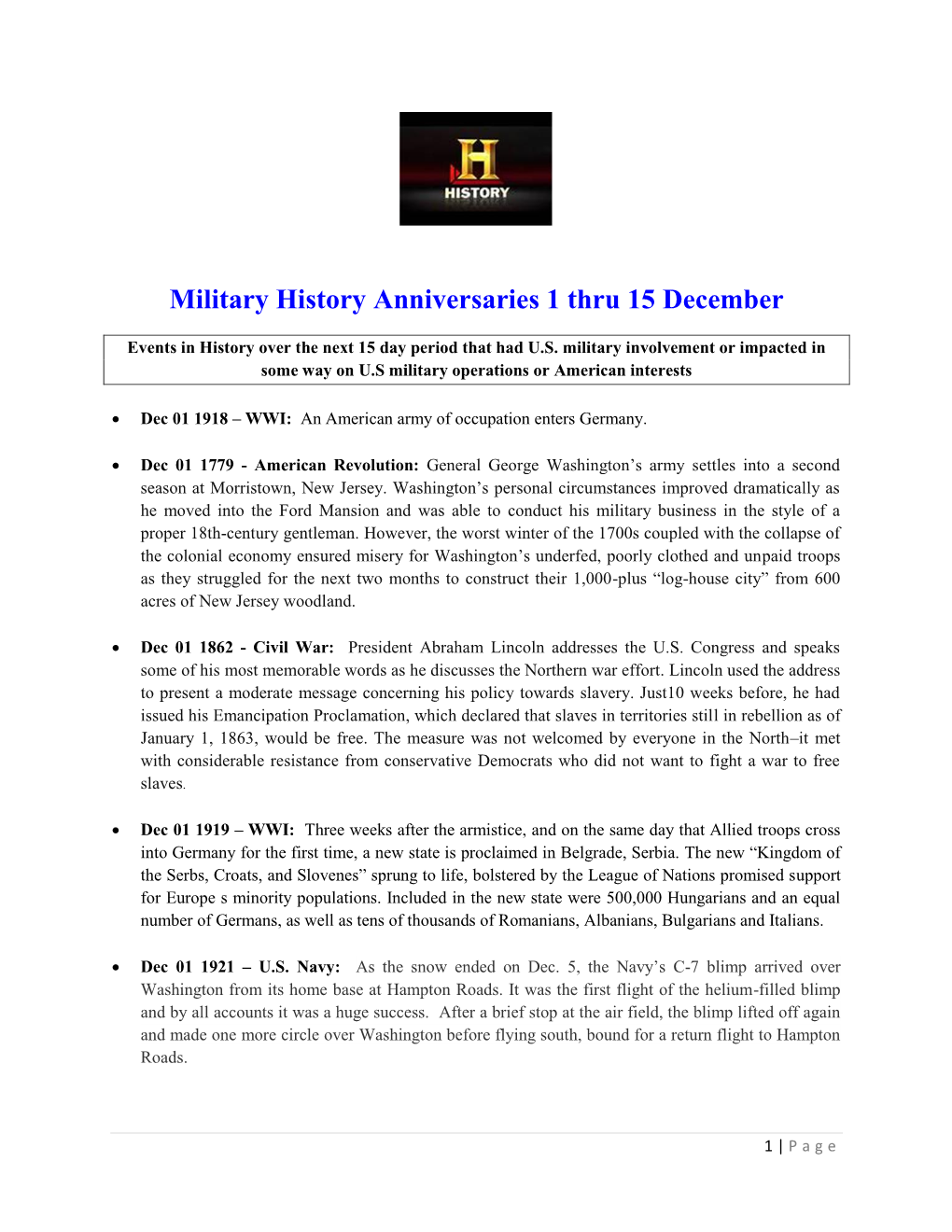 Military History Anniversaries 1201 Thru 121515