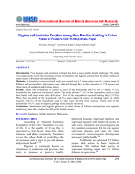 Hygiene and Sanitation Practices Among Slum Dwellers Residing in Urban Slums of Pokhara Sub-Metropolitan, Nepal