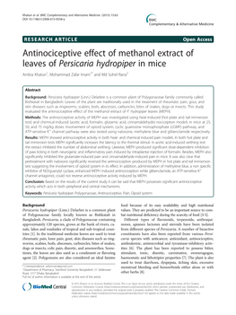 Antinociceptive Effect of Methanol Extract of Leaves of Persicaria Hydropiper in Mice Ambia Khatun1, Mohammad Zafar Imam1* and Md Sohel Rana2