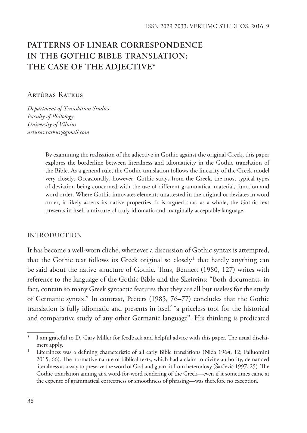 Patterns of Linear Correspondence in the Gothic Bible Translation: the Case of the Adjective*