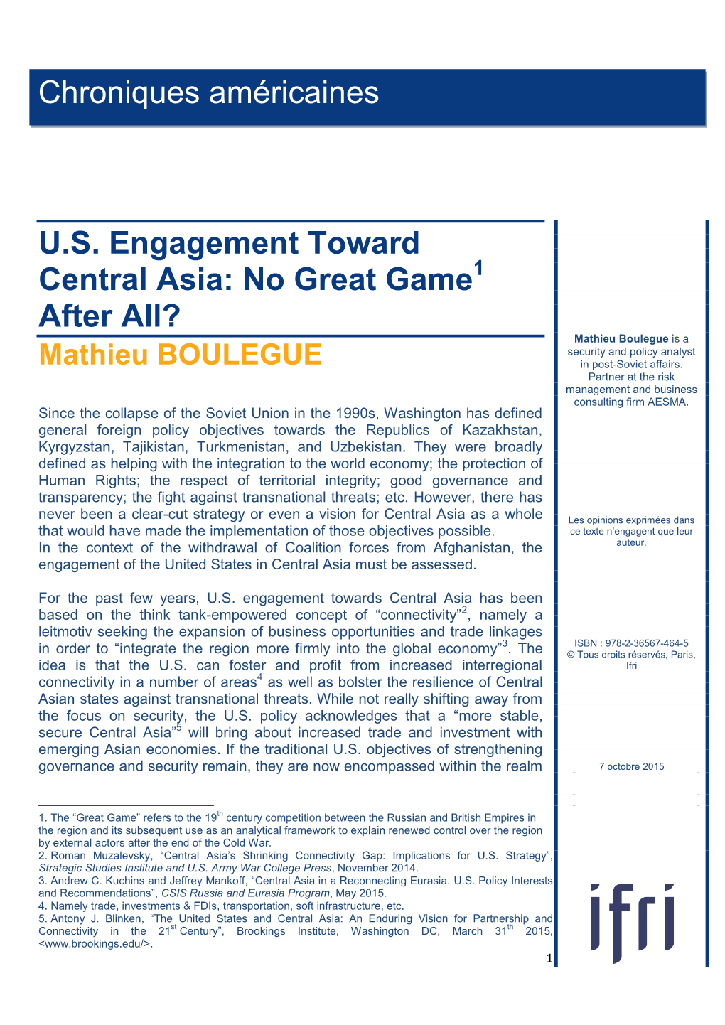 U.S. Engagement Toward Central Asia: No Great Game After All