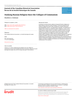 Studying Russian Religion Since the Collapse of Communism Heather J