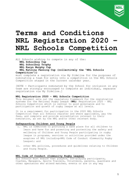 Terms and Conditions NRL Registration 2020 – NRL Schools Competition