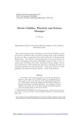 Nicola Cabibbo, Physicist and Science Manager\*