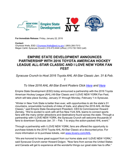Empire State Development Announces Partnership with 2016 Toyota American Hockey League All-Star Classic and I Love New York Fan Fest