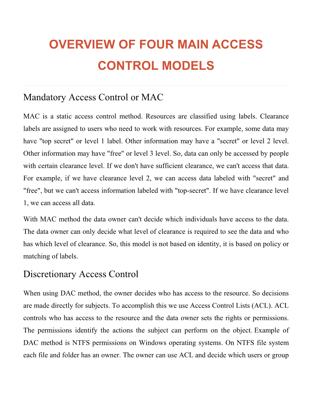 Overview of Four Main Access Control Models