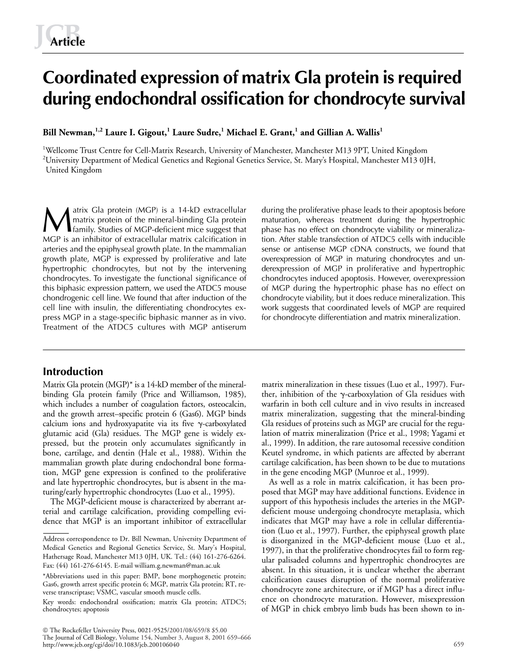 Coordinated Expression of Matrix Gla Protein Is Required During Endochondral Ossification for Chondrocyte Survival