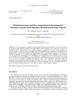 Helminth Parasites and Prey Composition in the Stomach of Ptychadena Species from Obazuwa Wetland in Edo State, Nigeria