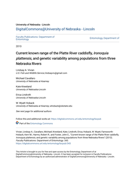 Current Known Range of the Platte River Caddisfly, &lt;I&gt;Ironoquia