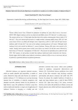 Production of Inulinase from Kluyveromyces Marxianus Using Dahlia Tuber Extract