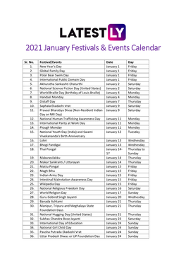 2021 January Festivals & Events Calendar