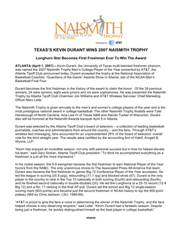 Texas's Kevin Durant Wins 2007 Naismith Trophy
