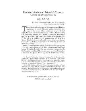 Pletho's Criticism of Aristotle's Virtues: a Note on De Differentiis 12