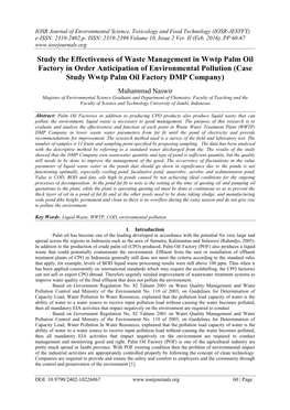 Study the Effectiveness of Waste Management in Wwtp Palm Oil Factory in Order Anticipation of Environmental Pollution (Case Study Wwtp Palm Oil Factory DMP Company)