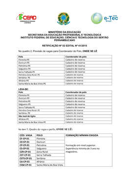 CÓD. VAGA POLO FORMAÇÃO MÍNIMA EXIGIDA CF-CP-01 Floresta C0-CP-01 Ouricuri CP-CP-01 Petrolina Formação Em Nível Superior