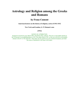 Astrology and Religion Among the Greeks and Romans by Franz Cumont
