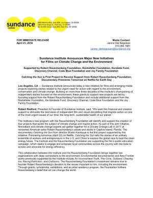 Sundance Institute Announces Major New Initiatives for Films on Climate Change and the Environment
