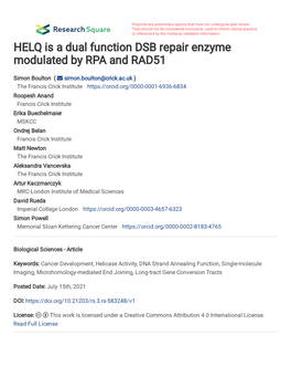 HELQ Is a Dual Function DSB Repair Enzyme Modulated by RPA and RAD51