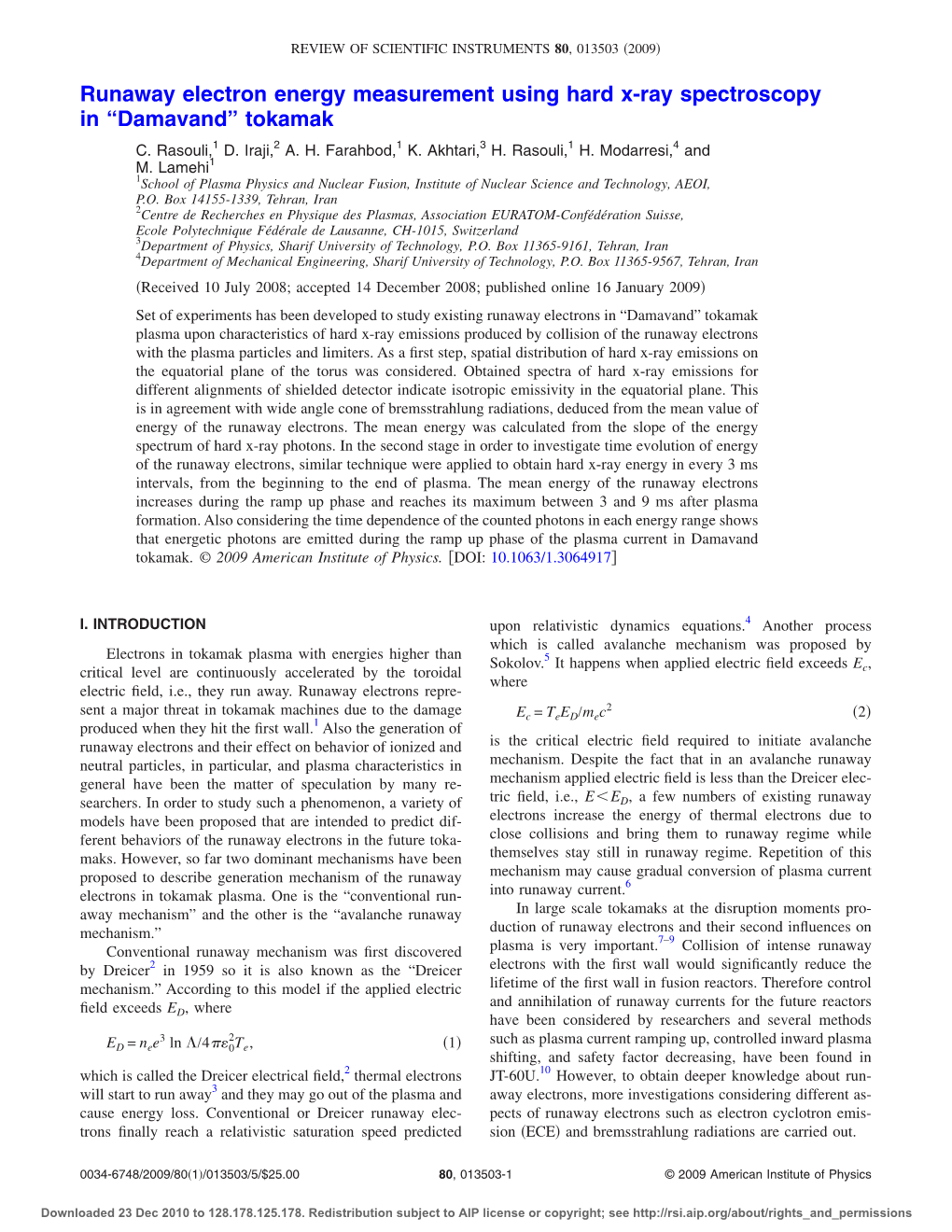 Runaway Electron Energy Measurement Using Hard X-Ray Spectroscopy in “Damavand” Tokamak C