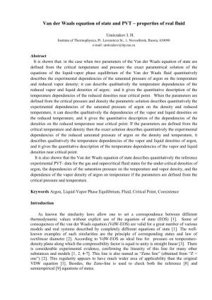 Van Der Waals Equation of State and PVT – Properties of Real Fluid