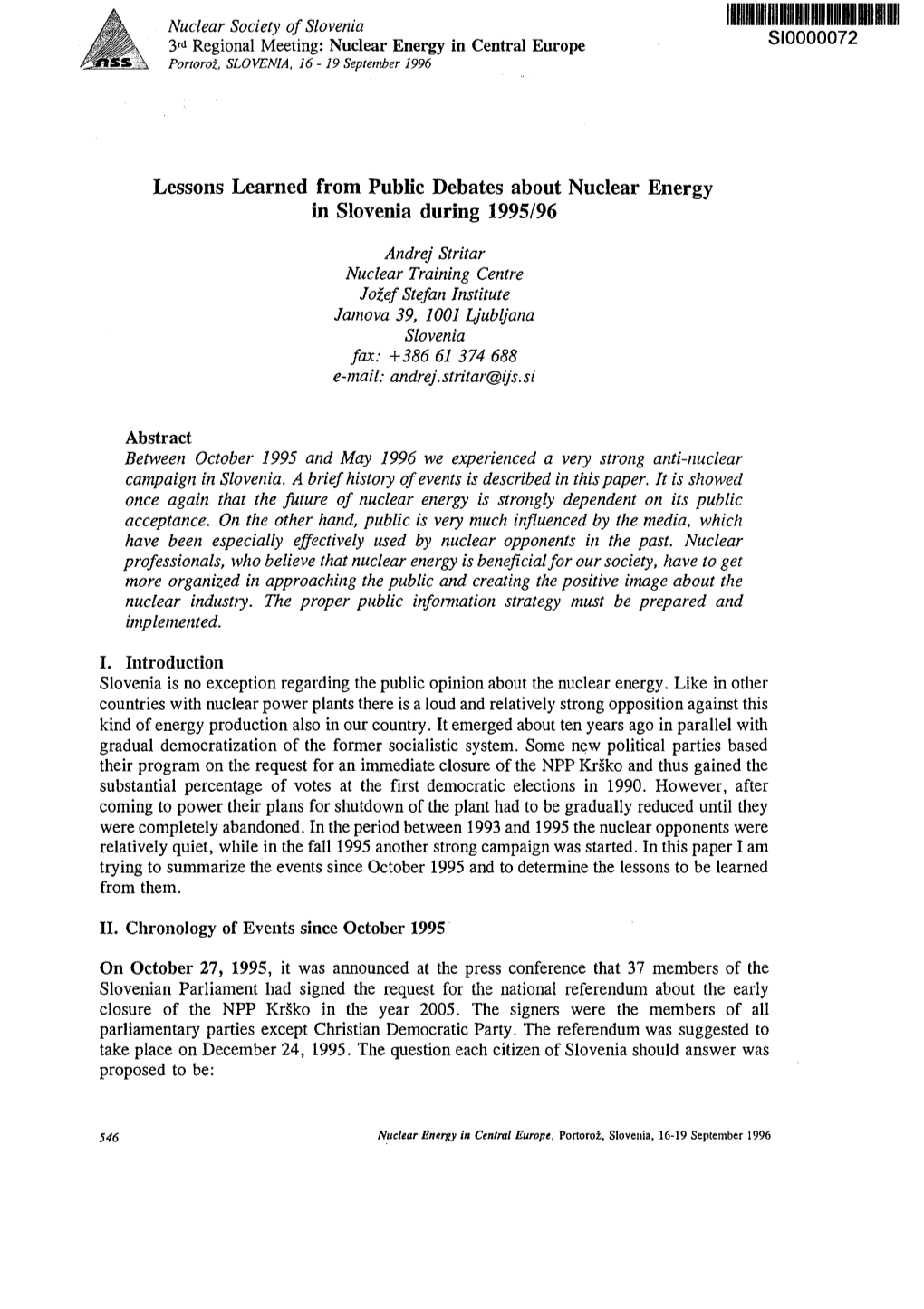 Lessons Learned from Public Debates About Nuclear Energy in Slovenia During 1995/96