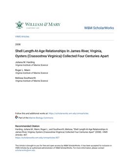 Shell Length-At-Age Relationships in James River, Virginia, Oysters (Crassostrea Virginica) Collected Four Centuries Apart