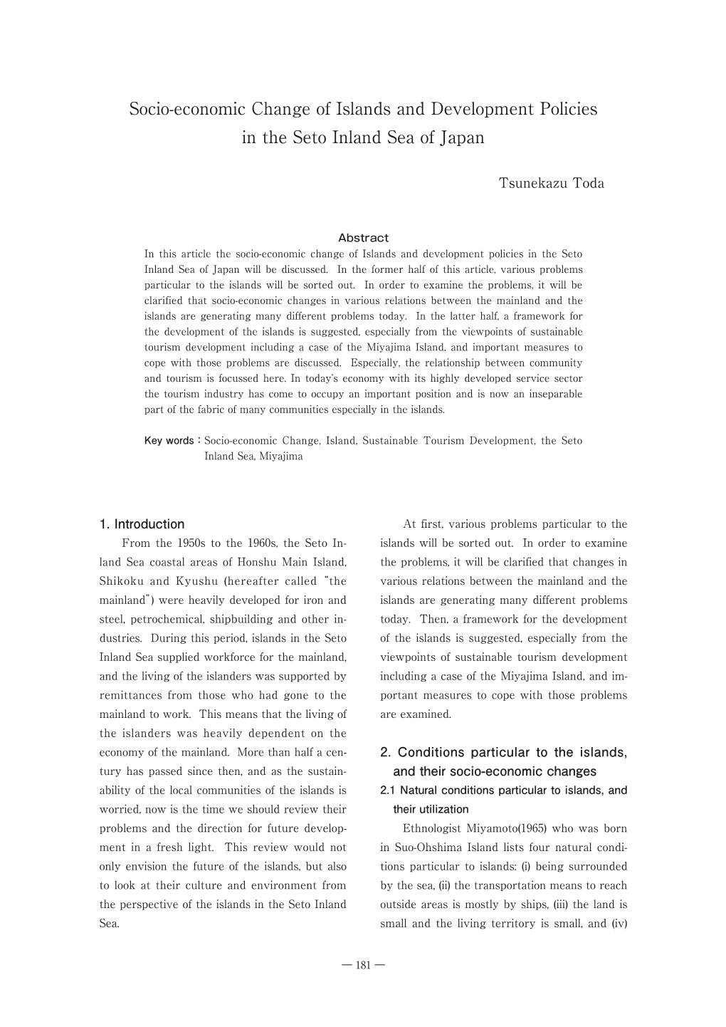 Socio-Economic Change of Islands and Development Policies in the Seto Inland Sea of Japan