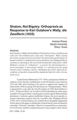 Shalom, Not Bigotry: Orthopraxis As Response to Karl Gutzkow's Wally