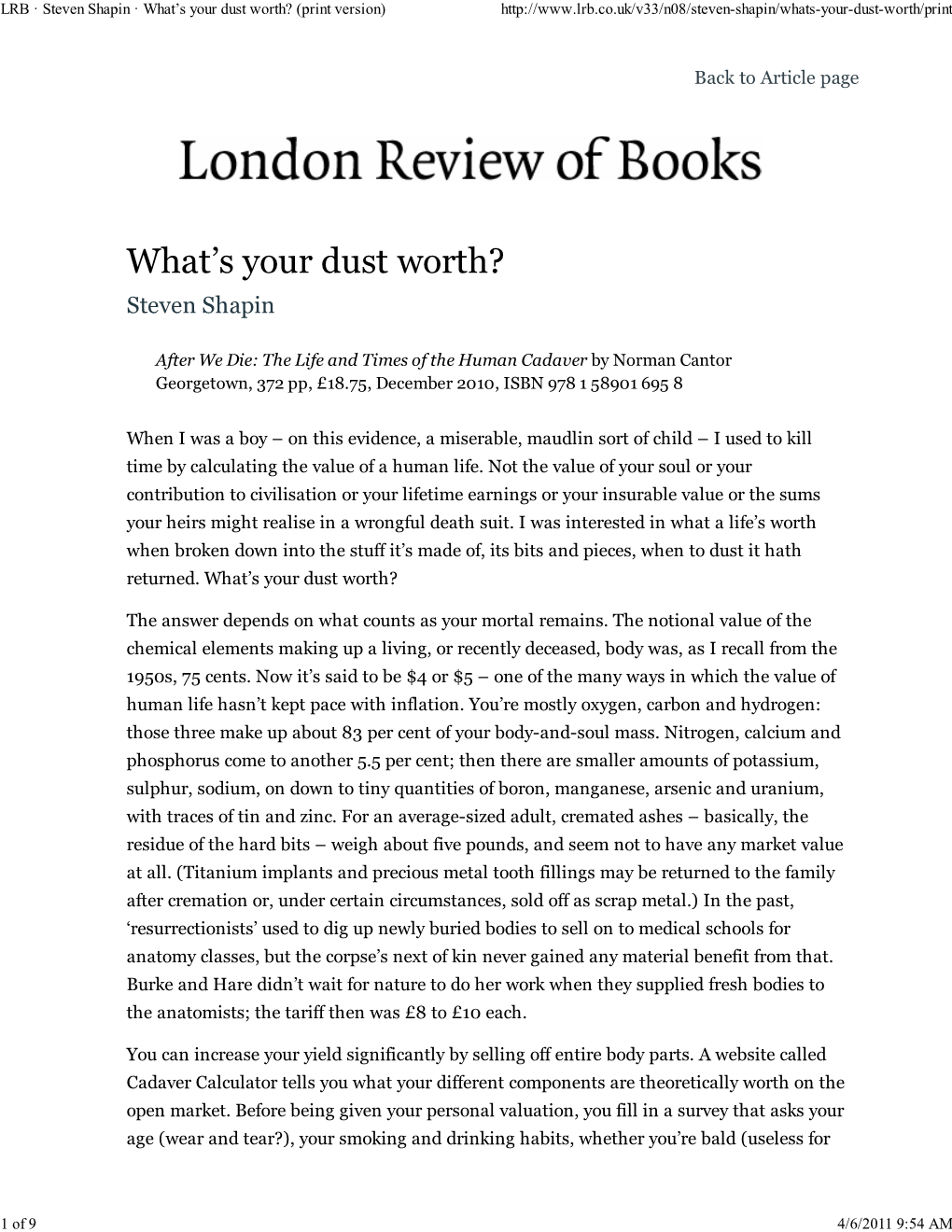 LRB · Steven Shapin · What's Your Dust Worth? (Print Version)
