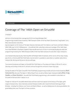 Coverage of the 146Th Open on Siriusxm