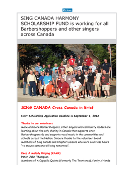 SING CANADA HARMONY SCHOLARSHIP FUND Is Working for All Barbershoppers and Other Singers Across Canada