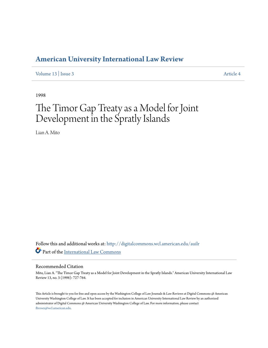 The Timor Gap Treaty As a Model for Joint Development in the Spratly Islands