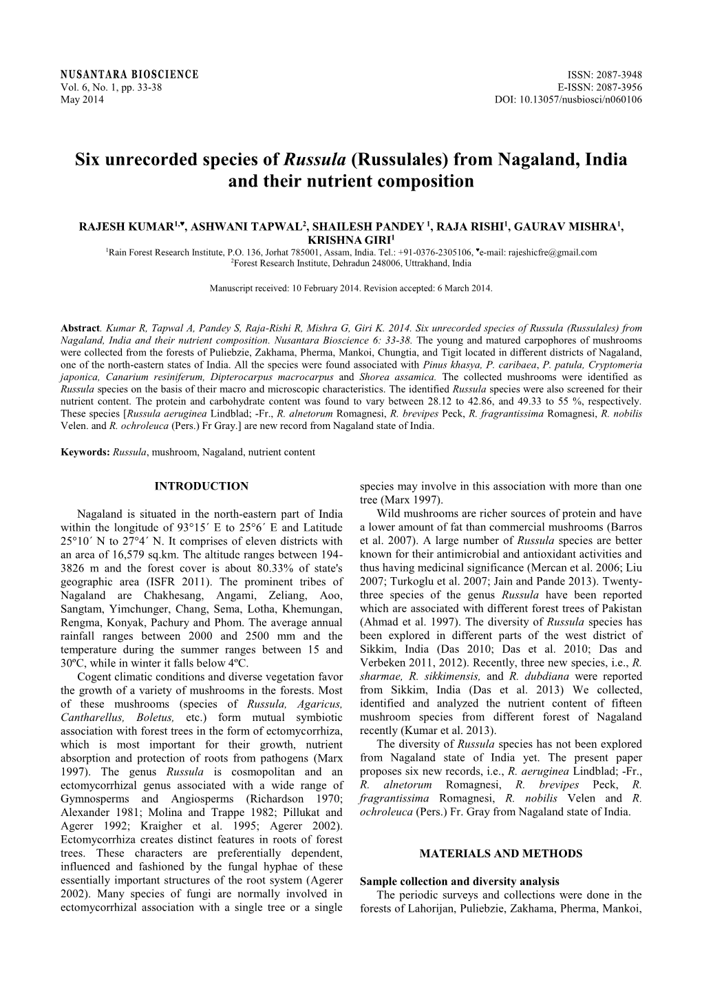 (Russulales) from Nagaland, India and Their Nutrient Composition