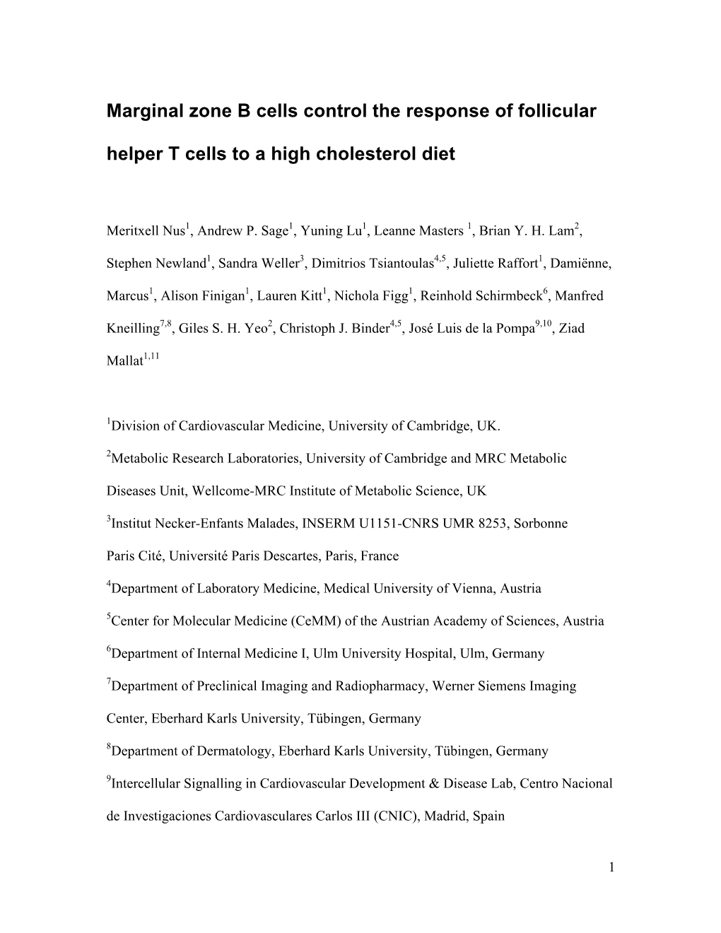 Marginal Zone B Cells Control the Response of Follicular Helper T Cells to a High Cholesterol Diet