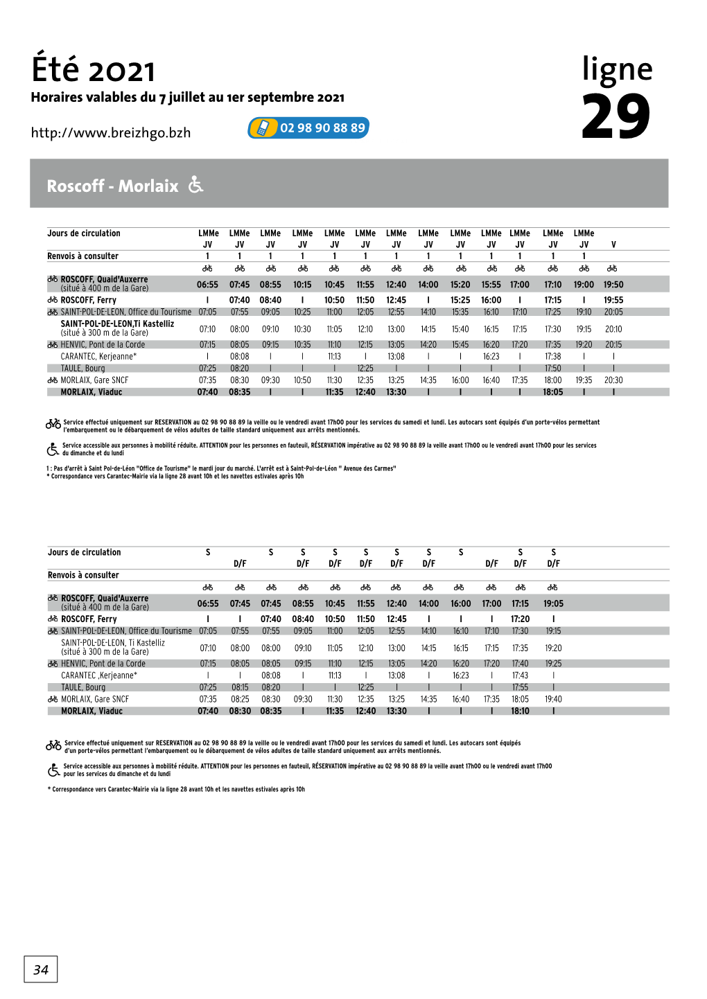 Été 2021 Ligne Horaires Valables Du 7 Juillet Au 1Er Septembre 2021 29 Roscoff - Morlaix