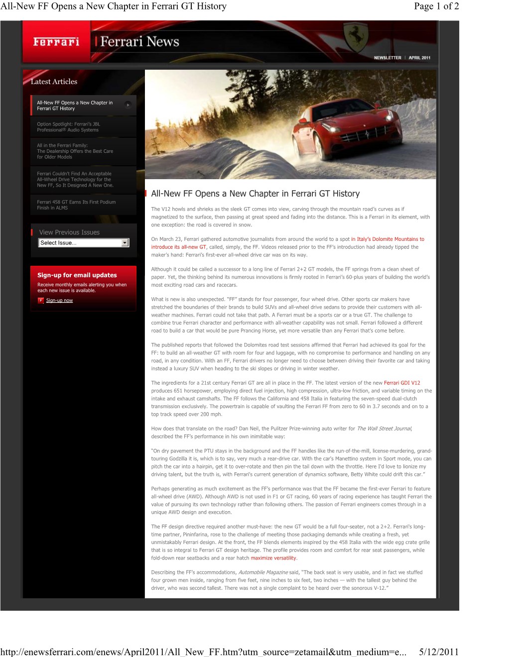 Page 1 of 2 All-New FF Opens a New Chapter in Ferrari GT History 5/12