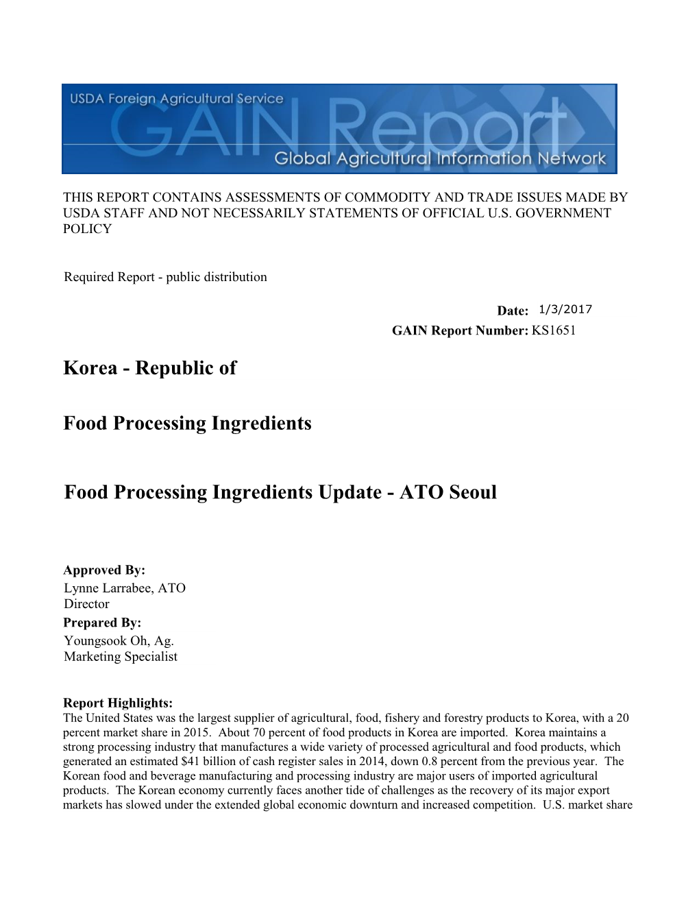 Food Processing Ingredients Update - ATO Seoul