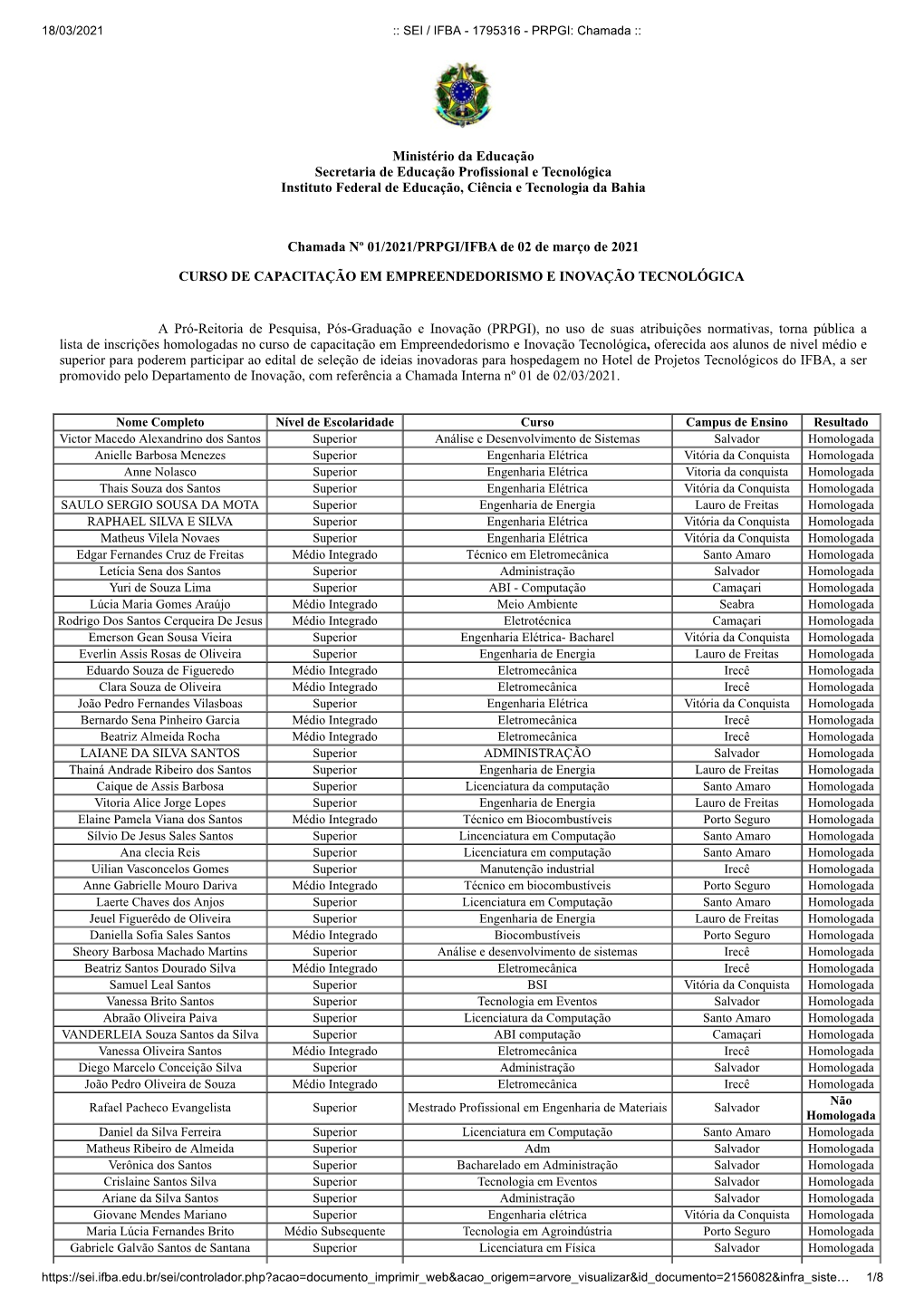 18/03/2021 :: SEI / IFBA - 1795316 - PRPGI: Chamada