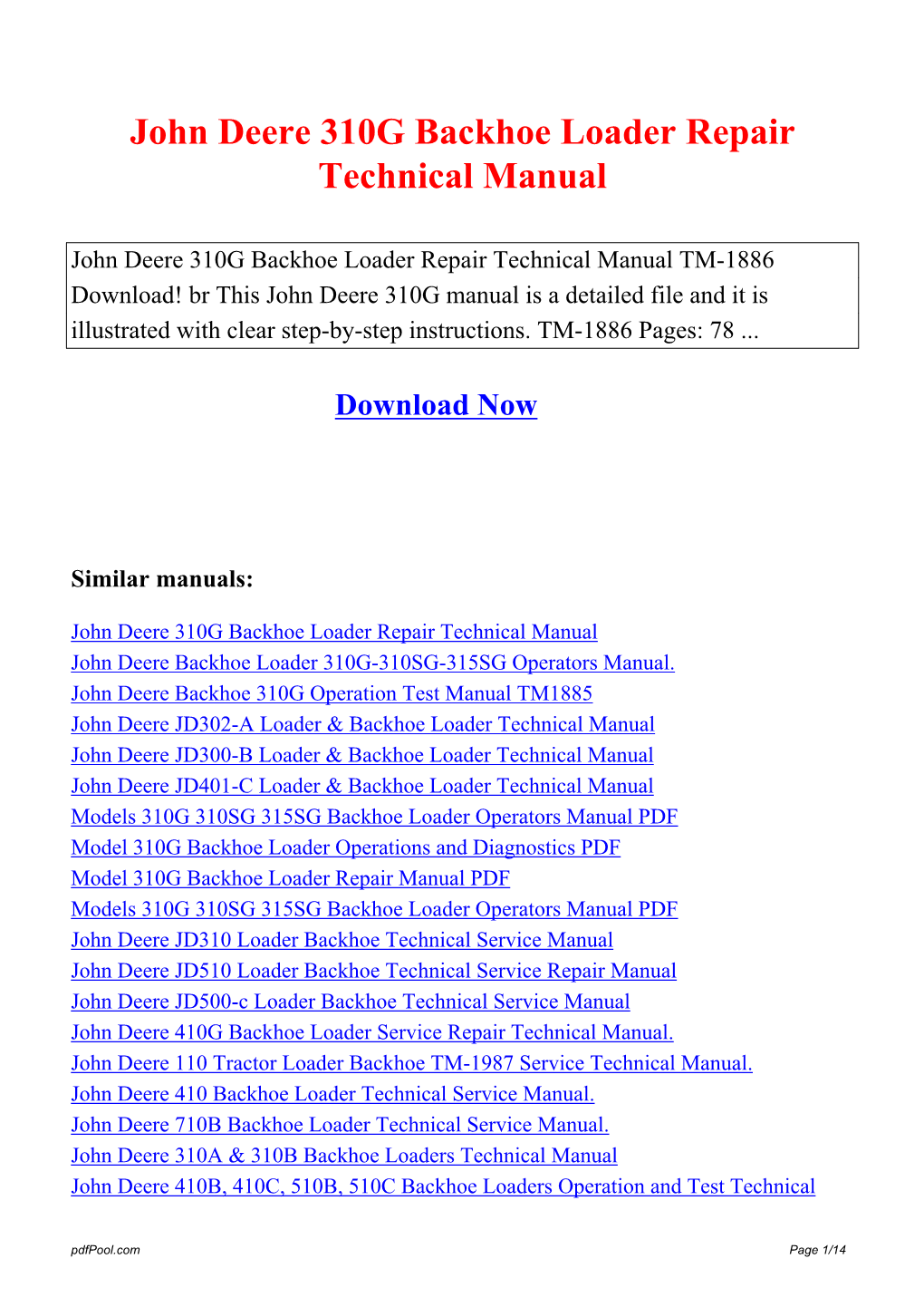 John Deere 310G Backhoe Loader Repair Technical Manual