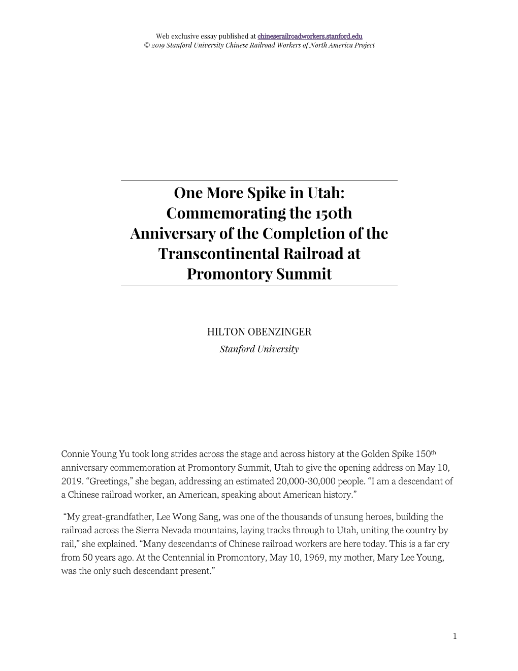 One More Spike in Utah: Commemorating the 150Th Anniversary of the Completion of the Transcontinental Railroad at Promontory Summit