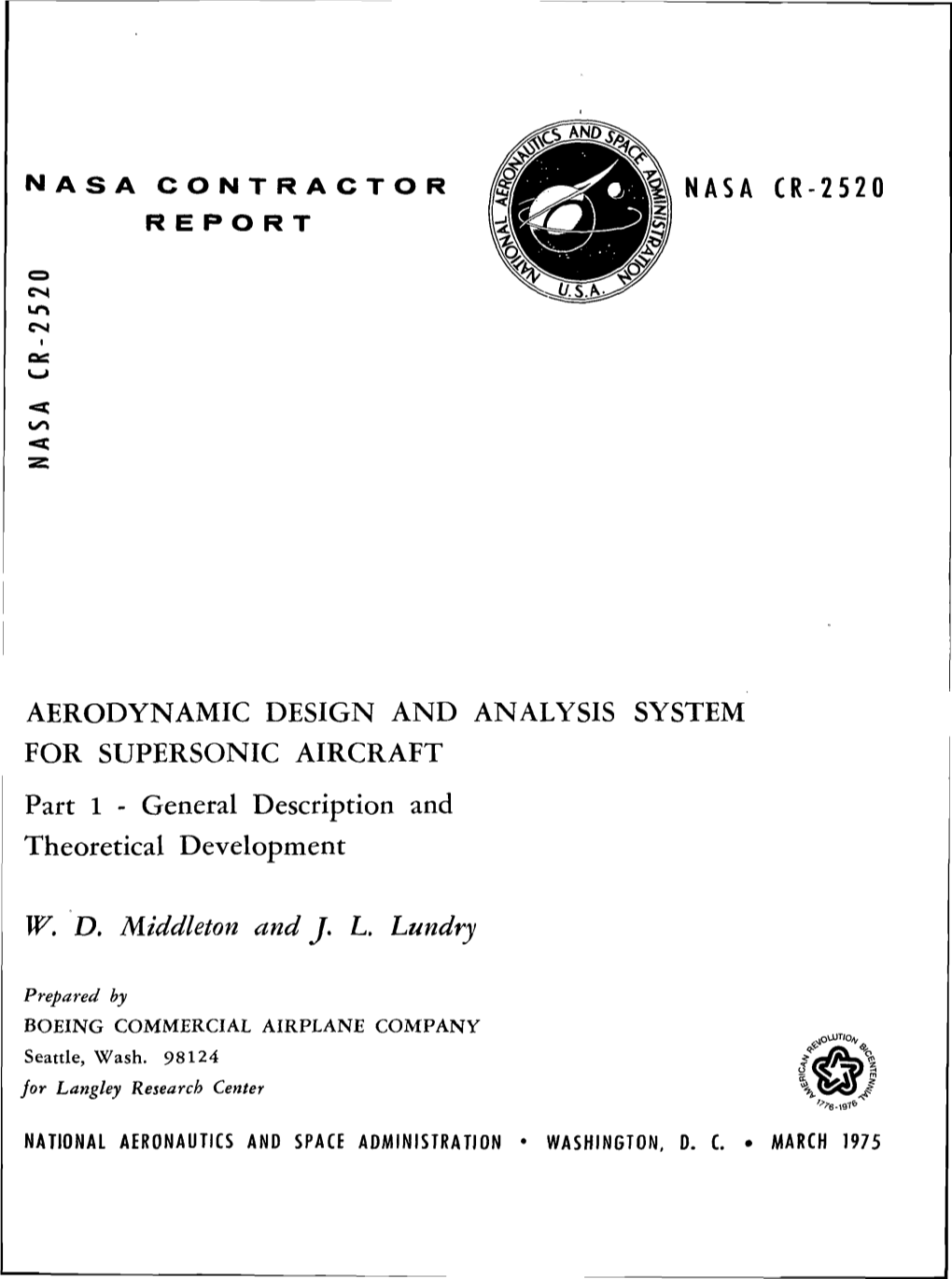 AERODYNAMIC DESIGN and ANALYSIS SYSTEM for SUPERSONIC AIRCRAFT Part 1 - General Description and Theoretical Development