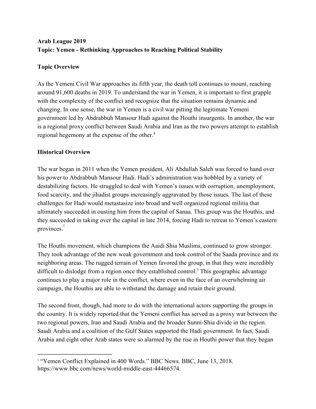 Arab League 2019 Topic: Yemen - Rethinking Approaches to Reaching Political Stability