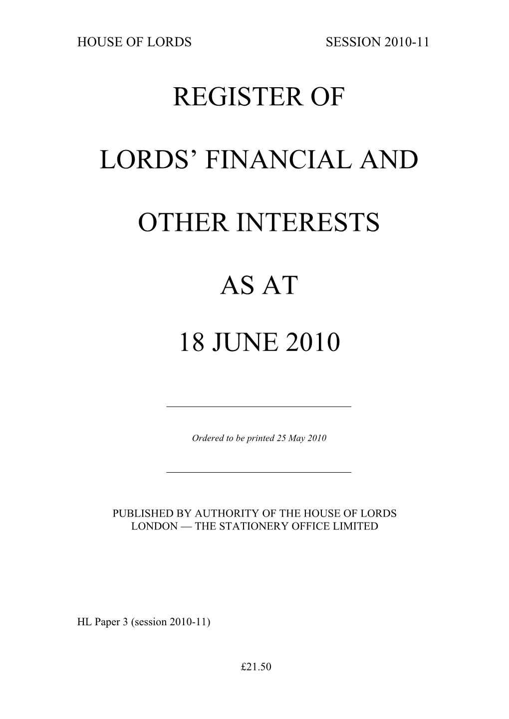 Register of Lords' Interests Session 2010-12
