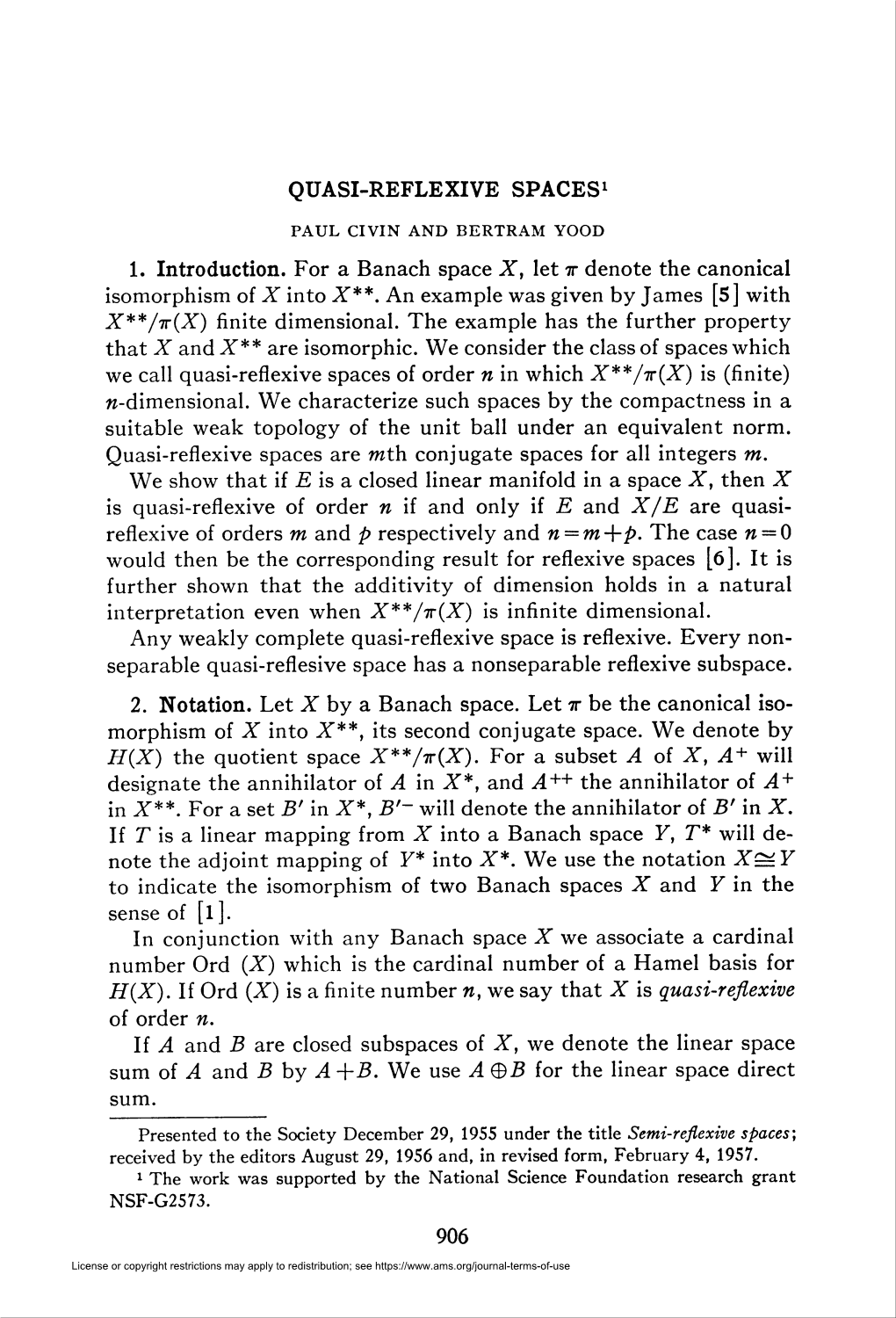 Quasi-Reflexive Spaces1 Paul Civin and Bertram Yood 1