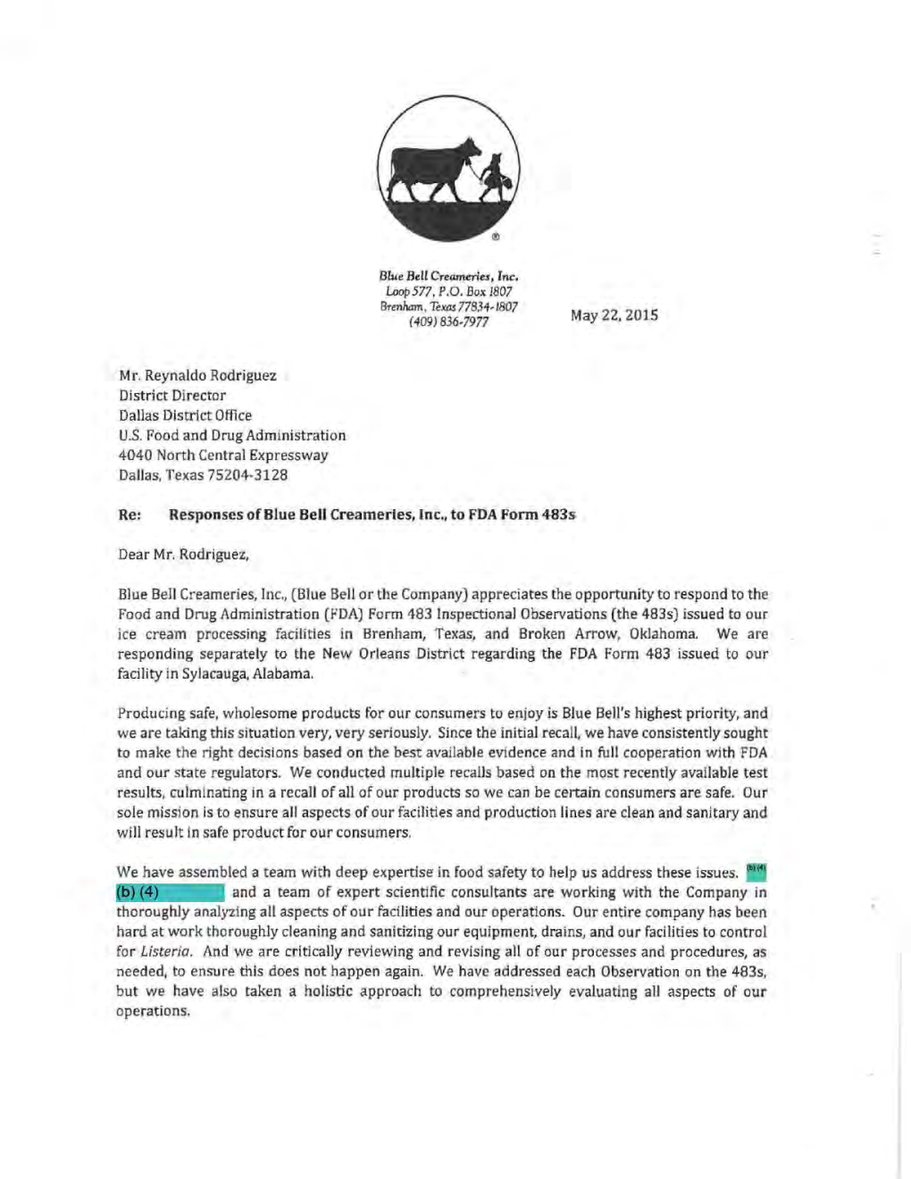 Blue Bell Creameries, Inc., Brenham, TX 483 Response Dated 5/22/15