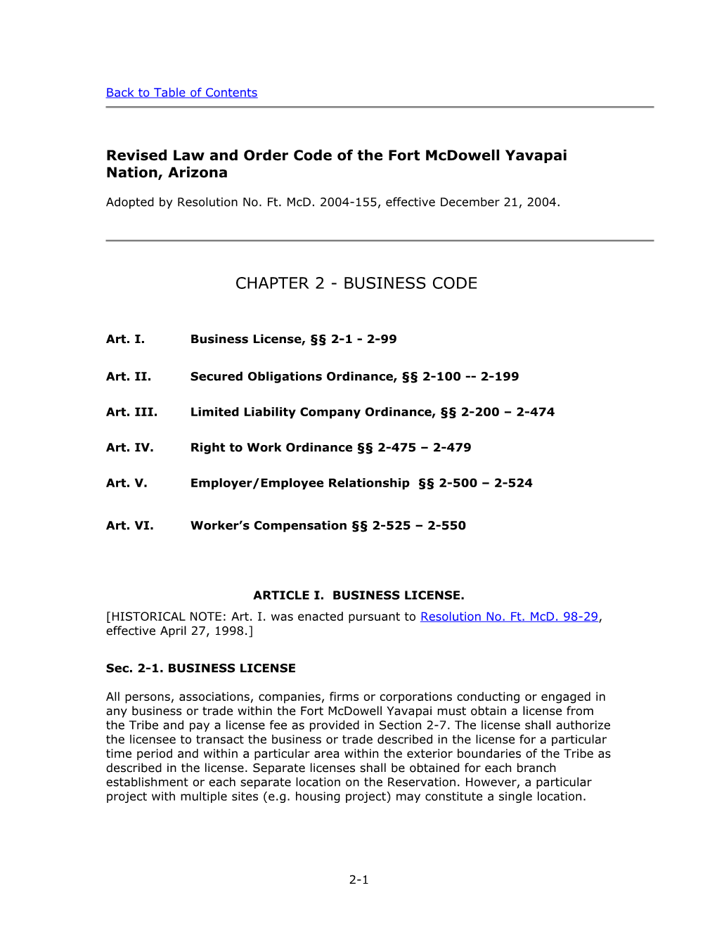 Law and Order Code of the Fort Mcdowell Yavapai Community, Arizona, Ch. 2 - Business Code