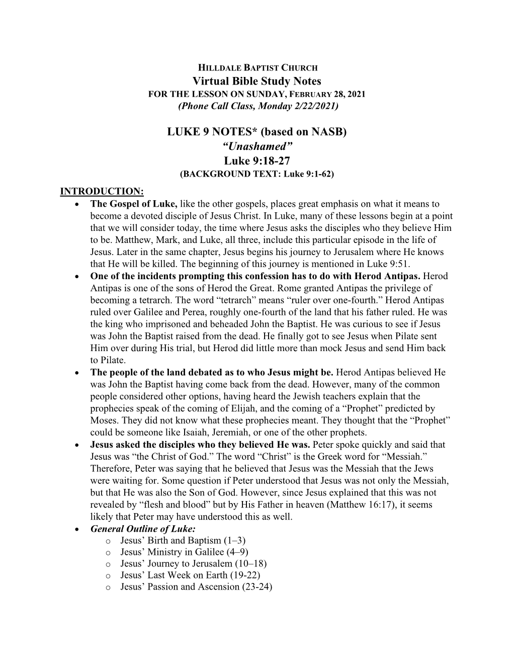 Virtual Bible Study Notes LUKE 9 NOTES* (Based on NASB)