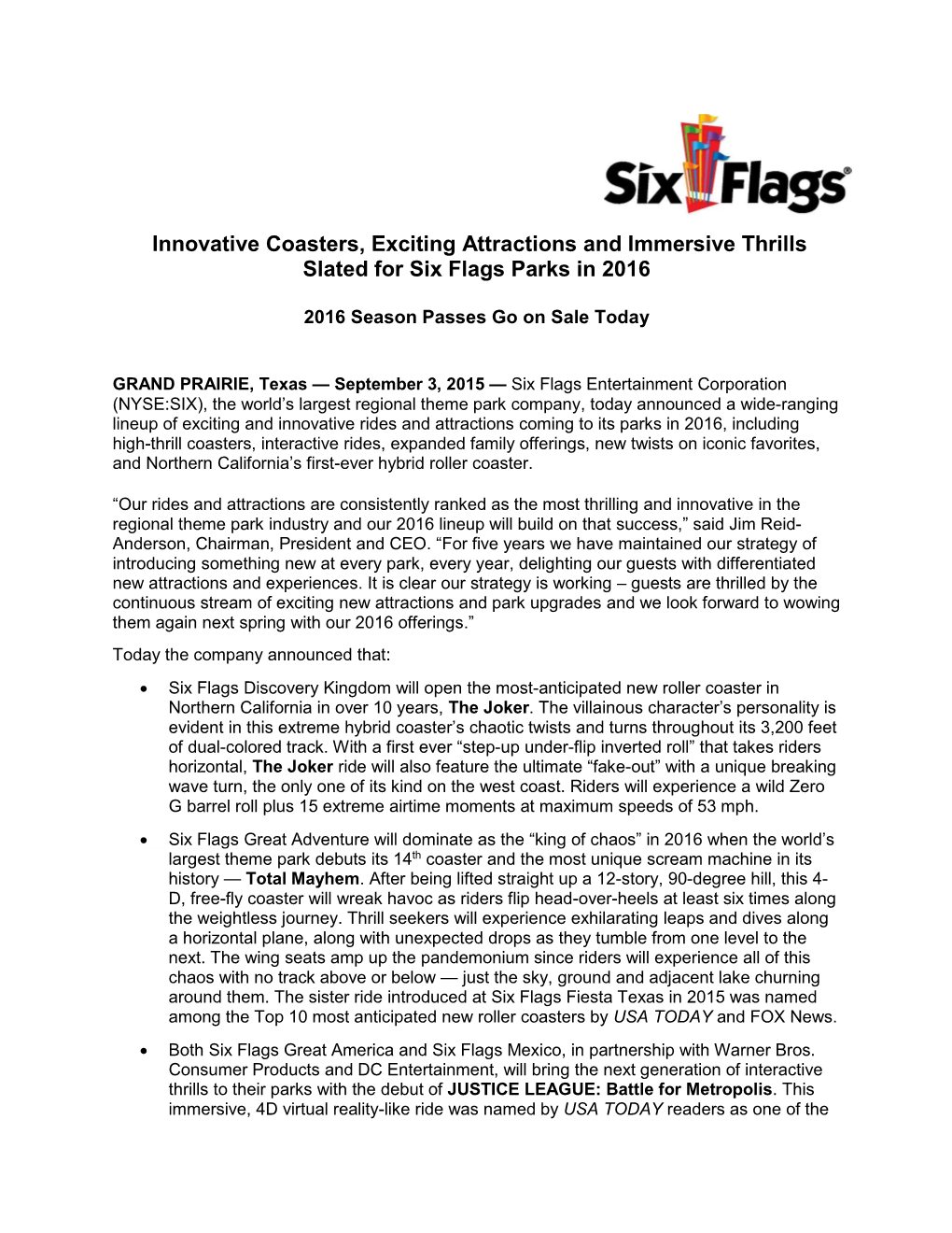 Innovative Coasters, Exciting Attractions and Immersive Thrills Slated for Six Flags Parks in 2016