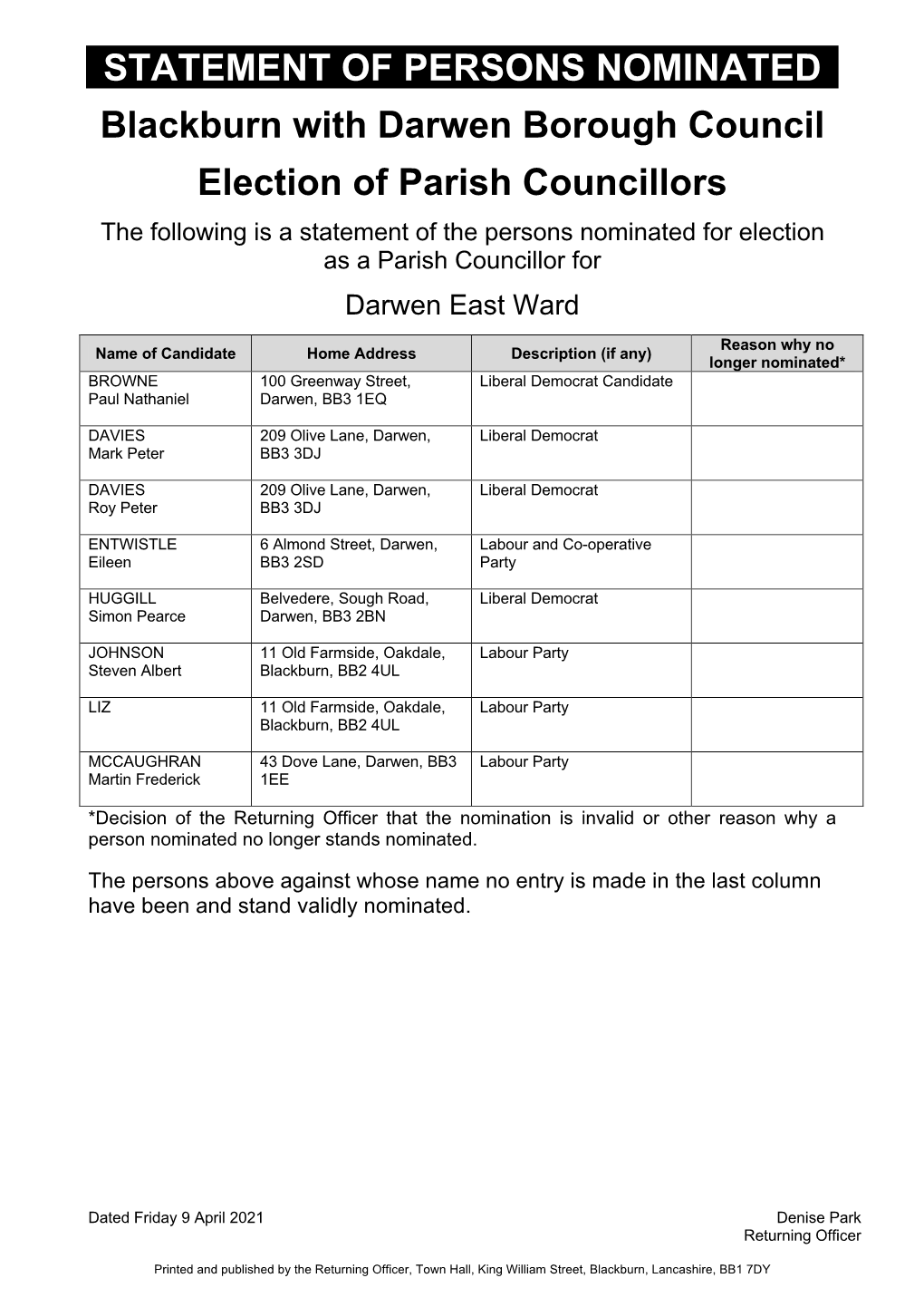 STATEMENT of PERSONS NOMINATED Blackburn with Darwen Borough Council Election of Parish Councillors